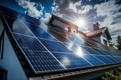 Family house with solar panels and sunrise solar energy system Sunset'