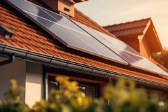 Close up of a new building with solar panels on the roof